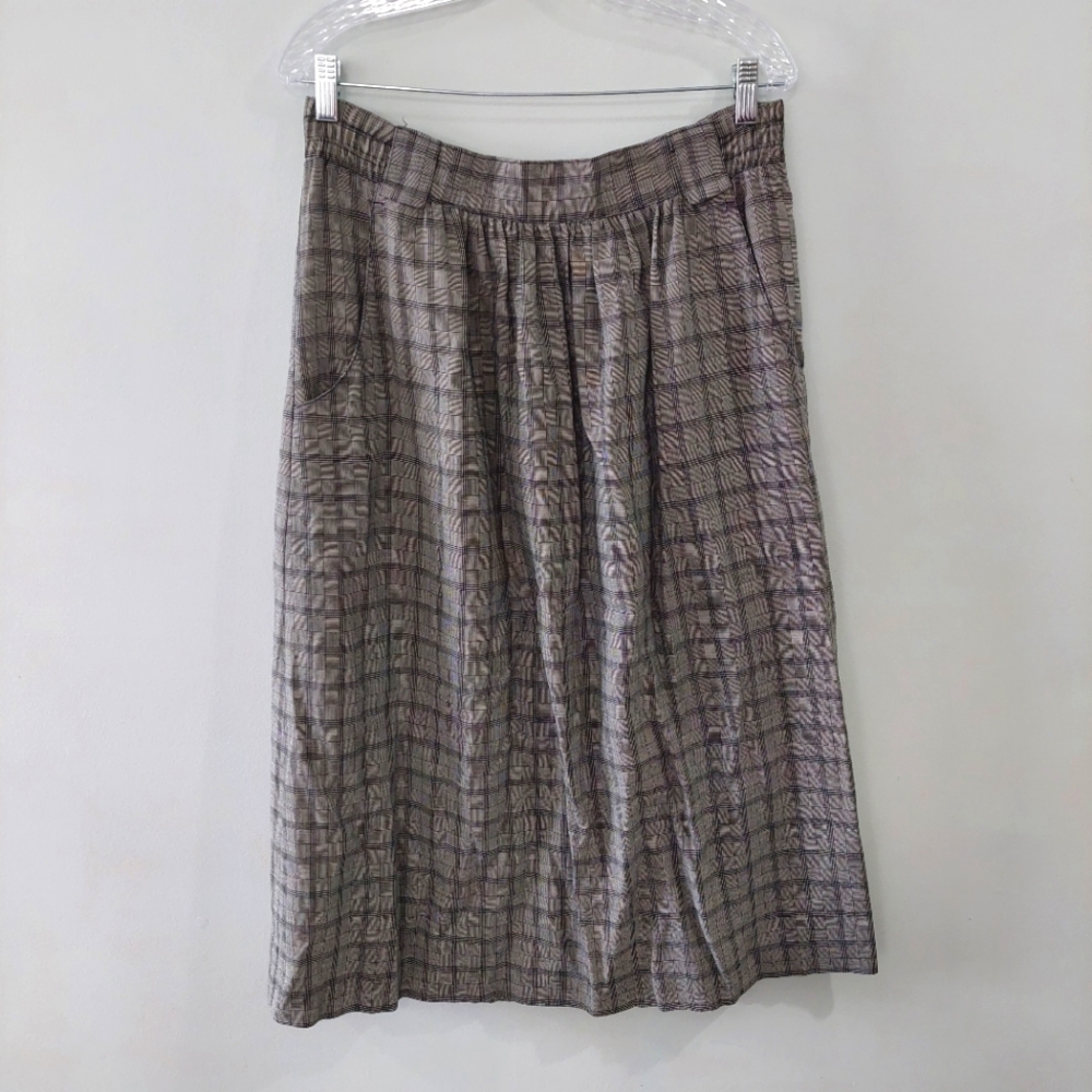 Norton McNaughton Vintage Skirt size 12 tan black plaid mid calf zipper closure
